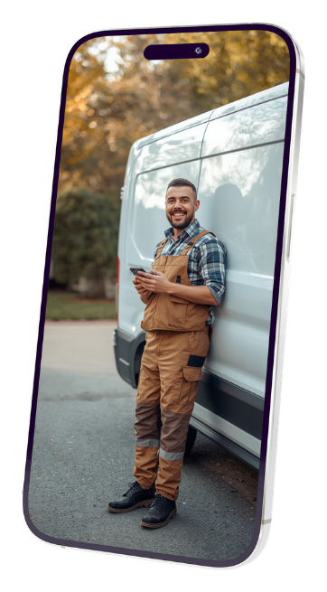 A tradesperson by their van using the VanNotes app on a phone